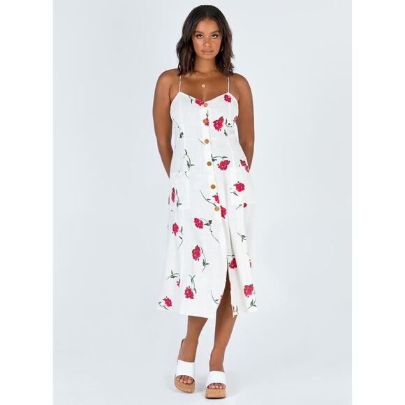 Princess Polly Women's Floral Print Button‎ Down Midi Dress Size 4 White Red - Picture 1 of 16